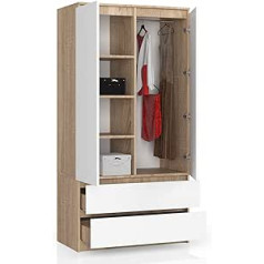 BDW Wardrobe with 2 Doors, 4 Shelves, Clothes Hanger and 2 Drawers, Wardrobe for Bedroom, Living Room, Hallway, 180 x 90 x 51 cm (Sonoma Oak/White)