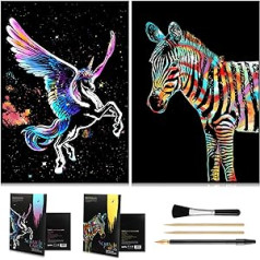 Animal Scratch Art, Rainbow Painting Paper, Engraving, Art & Craft Set, Creative Foil Scratch Toy Gift, DIY Sketch Card Scratchboard for Teenagers, Women, 40.6 x 29.9 cm with 3 Tools (Zebra)