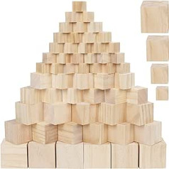 BELLE VOUS Pack of 100 Blank Wooden Cubes - 4 Different Sizes - Natural Square Pine Wood Blocks - Wood for Crafts and Painting, for Wooden Block Stamps, Alphabet & Number Blocks