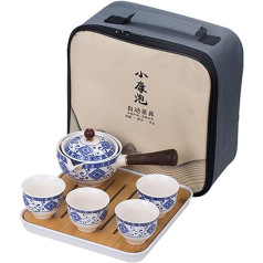 fanquare zilā un baltā porcelāna pārnēsājams ceļojumu tējas komplekts, roku darbs Kungfu tējas servīze, 4 tases, tējkanna un bambusa tējas nodalījums ar ceļojumu somu