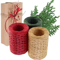 300m Natural Raffia Ribbon - 3 Rolls Paper String Ribbon in Green, Red and Natural Color, 100m per Roll, Craft Raffia Ribbon for DIY Raffia, Gift Ribbon for Christmas