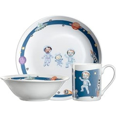 Leonardo Bambini Avventura 022799 Bērnu trauku komplekts, 3-daļīgi bērnu trauki no porcelāna, Drošs trauku mazgājamajā mašīnā, Drošs mikroviļņu krāsnī, Robusts, Komplekts no 3 bļodām, krūze un šķīvis ar vietas motīvu