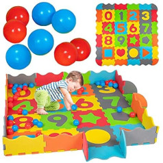 93 daļīgs bērnu puzles paklājiņš ar malu bumbiņām rotaļu paklājiņš, rāpojošs paklājiņš, puzle, paklājs, lodīšu bedre, putuplasta grīda Puzle bērniem krāsaini simboli un cipari