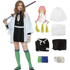 Heionia Mitsuri Kanroji Cosplay Costume Girls Kids Anime Kanroji Mitsuri Outfits Kimono with Wig Mitsuri Fancy Dress for Halloween Carnival Christmas Party