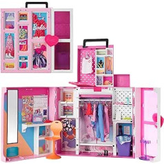 Barbie Traum HBV28 drēbju skapis ar Bārbijas apģērbu un aksesuāriem, 2 līmeņu veļas skapis, darba vieta, spogulis, 10+ plaukti, 36+ gabali, 500+ kombinācijas, dāvana bērniem no 3 gadiem
