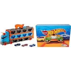 Hot Wheels DXY59 20-Pack 1:64 Die-Cast Vehicles Gift Set, from 3 Years & GVG37 2-in-1 Racetrack Transporter for Storage with 3 Vehicles in 1:64 Scale, 4 to 8 Years