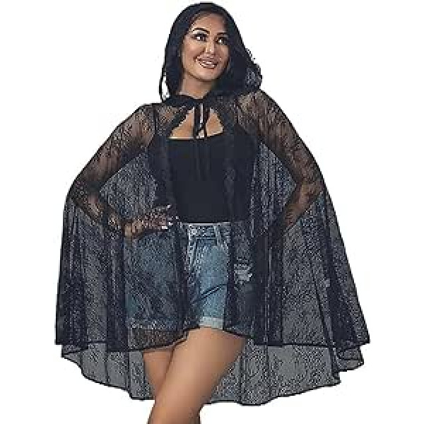 Creaght Black Cape ar kapuci Helovīna kostīmi Sieviešu mežģīnes Īss apmetnis Cosplay Vampire Cape Šalle karnevāla un ballīšu kleitām