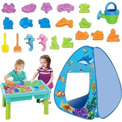 deAO 2-in-1 Sand Water Table Sand Toy Children and Children's Tent Play Tent 26 Pieces Water Toy Includes 15 Sandpit Toys, 2 Water Gun, Beach Play Set for Garden Beach Indoor Unisex