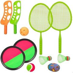 COLORBABY 49543 Strandspielzeug-Set für Kinder, inklusive 2 Badmintonschläger, 2 Federbälle, 2 Launcher, 2 Bällen, 1 weicher Rugbyball, 2 Papierfänger, ab 3 Jahren, bunt