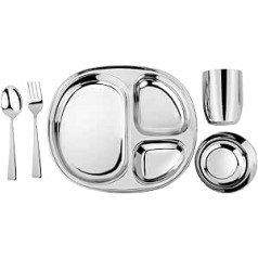 Ahimsa Mindful Mealtime Stainless Steel Dinner Set Divided Plate + 8oz Cup + 8oz Bowl + Fork + Spoon | Toddler Tableware | 100% BPA Free (Classic Stainless Steel)