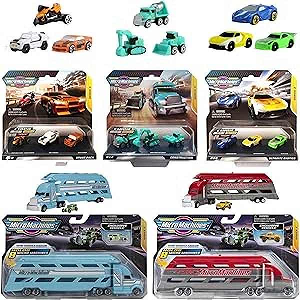 Toptoys2u Bargain Bundles Micro Machines Mega 5 Piece Gift Set - Red & Blue Mini Vehicle Haulers, Ultimate Exotics #9 3 Pack, Stunt Pack #10 3 Pack & Construction #12 3 Pack