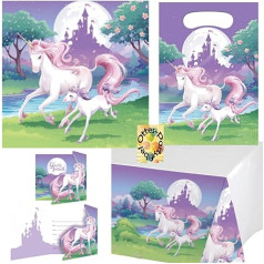 HHO Magical Unicorn Fantasy Unicorn Dekoratīvie galdauti konusveida komplekts 50-daļīgas salvetes 2 ielūgumi 16 bērniem