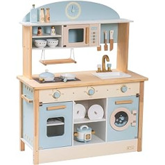 ROBUD Wooden Play Kitchens for Children and Toddlers, Doll Kitchen Accessories with Microwave Oven, Washing Machine, Rice Cooker, Tableware, Gifts from 3 Years