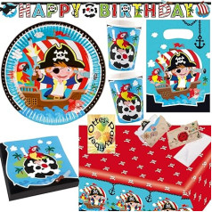 HHO Pirate Party Set Pirate Pirate Party 87 Pieces For 16 Guest Plates Cups Napkins 2 Tablecloth Invitation Bags Garland