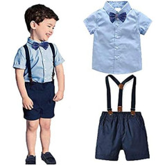 2-Piece Toddler Boys Baby Suit Gentleman Party Christening Suit Festive Short Sleeve Shirt with Bow Tie + Shorts with Straps Set