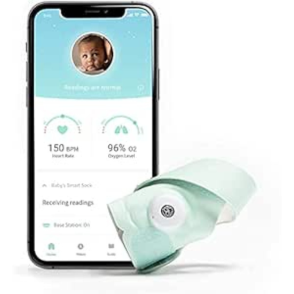 Owlet Smart Sock bērnu monitors — mazuļa zeķe ar pulsa oksimera funkciju — pulsa, sirdsdarbības ātruma un skābekļa monitorings — displejs bāzes stacijā un lietotnē, piparmētru zaļš