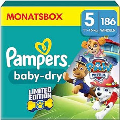 Pampers Paw Patrol (Baby-Dry), Nappies Size 5 (11 kg-16 kg), Limited Edition, 186 Nappies, Up to 12 Hours All-Round Leak Protection