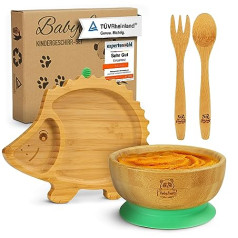 BABYLOVIT Baby Crockery Set with Suction Cup, Stress-Free Meals with Bamboo Children's Plate, Bowl & Children's Cutlery, Baby Crockery Non-Slip Perfect for Learning to Eat Phase