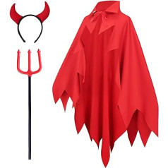 Alaiyaky Demon Cape Set for Kids and Adults, 3 Pieces, Red Cape, Demon Cape with Demon Horn Headband and Demon Fork, Hell Demon Cape, Red Cape, Suit for Halloween,