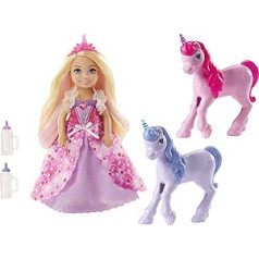 Barbie GJK17 Dreamtopia Chelsea rotaļu komplekts, princeses lelle ar diviem vienradžu mazuļiem, dāvanu komplekts, rotaļlieta no 3 gadiem