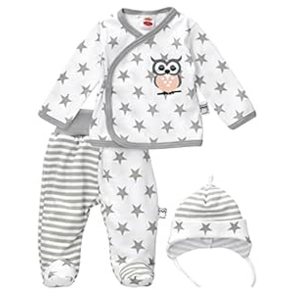 Baby Set Wrap Shirt + Trousers + Hat White/Grey | Motif: Owl Stars | Brand: Makoma | Baby Set 3 Pieces with Star Motif for Newborns and Toddlers | Size:, white-grey