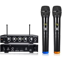 Sound Town 16 kanālu bezvadu mikrofonu karaoke miksera sistēma ar optisko (Toslink), AUX un 2 rokas mikrofoniem — atbalsta viedo televizoru, mājas kinozāli, skaņas joslu (SWM16-PRO)