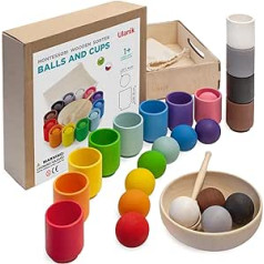 Ulanik Balls in Cups Toddlers Montessori Toy from 1 Year + Baby Educational Sensory Wooden Games for Counting and Sorting Colours Learning - 12 Balls