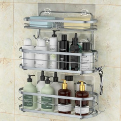 Steugo No Drill Shower Caddy with Hooks for Hanging Sponges, Wall Mounted Bathroom Organiser, Non-Marking Shampoo Holder, Kitchen Shelves, Self-Adhesive Shower Caddy