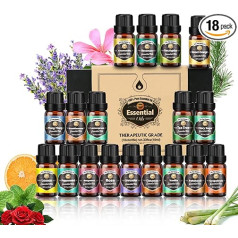 ‎Aulaya Essential Oils Set 18 x 10 ml, Tea Tree, Lavender, Eucalyptus, Frankincense, Lemongrass, Rosemary, Orange, Mint, Lemon, Bergamot, Ylang-Ylang, Grapefruit, Chamomile, Rose, Vanilla, Patchouli Sage