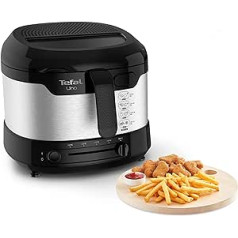 Tefal FF215D Uno M Fryer (1600 vati, jauda: 1 kg, regulējams termostats, skata logs, iztukšošanas pozīcija), nerūsējošais tērauds/melns.