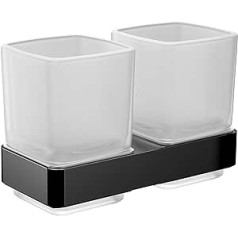 Emco Loft Double Glass Holder with 2 Glasses for Wall Mounting, Elegant Toothbrush Holder Made of Aluminium and Crystal Glass, High Quality Toothbrush Tumbler, Matte Black and Satin Finish