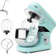 Clatronic Rock'n'Retro KM 3711 Kneading Machine with Transparent Splash Guard Lid with Refill Opening and Pivoting Multifunctional Arm 1100 Watt 5 Litre, Mint-green