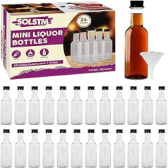 SOLSTM mini alkohola pudeles, 24 iepakojumi atkārtoti lietojamas tukšas pudeles ar piltuvi, ballīšu un kāzu labvēlības pudeles — 24 mazas plastmasas pudeles