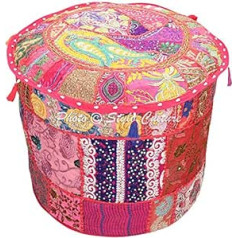 Stylo Culture Ottoman Pouffe Hocker Cover Vintage Große Rosa Ethnische Bestickte Patchwork Baumwolle Traditionelle Runde Stoff Ottomane Hocker Abdeckung (22x22x13 Zoll) 55 cm