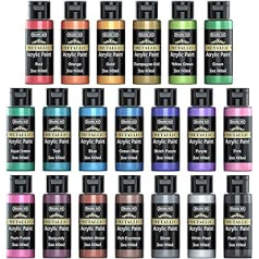 Shuttle Art Metallic Acrylic Paint Set, 20 Colourful Metallic Acrylic Colours in Bottles (60 ml), 3 Brushes, 1 Palette, for Children, Adults, Artists and Beginners on Canvas, Wood for Painting