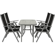 DEGAMO Ravenna 5-Piece Set 4x Aluminium Folding Chairs Multiple Adjustable Black 1x Glass Table 70 x 120 cm