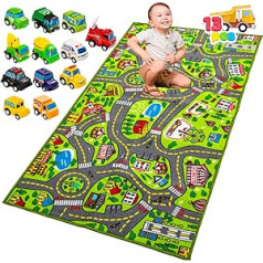 Children's Room Rug 80 x 150 cm with 12 Mini Car Toys for Children from 3 Years, Play Mat Street Children's Rug, Car Rug Boys Girls for Bedroom and Playroom
