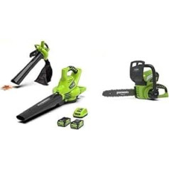 Greenworks 40V Chainsaw G40CS30 and Leaf Vacuum & Leaf Blower GD40BV (Li-Ion 40V 4.3 m/s Chain Speed 280 km/h Air Speed Control with 2x2Ah Battery & Charger)