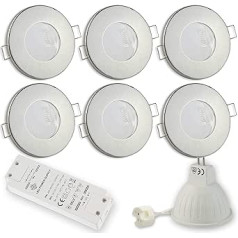 6 x LED padziļināti prožektori, matēts nerūsējošais tērauds, 5 vati, vēsi balts, īpaši plakans, 12 V, MR16 - piemērots vannas istabai, lietošanai ārpus telpām, IP44 - 55-60 mm urbuma caurums, vannas istabas apaļais prožektors.