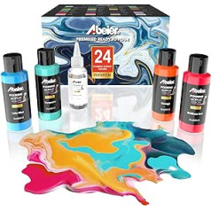 ABEIER Pouring Acrylic Paint, 60 ml Bottles, 24 Colours and Silicone Oil (30 ml), Premixed, High Flow, Gloss Finish, Paint for Pouring on Canvas, Glass, Paper, Wood, Tiles, Stones and More