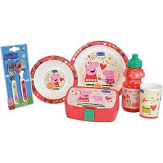 Bērnu galda piederumu komplekts Peppa Pig ar glāzi 220 ml, dziļā šķīvja diametrs 16 cm, šķīvja diametrs 22 cm, galda piederumu augstums 13,5 cm, dzeramā bļoda 350 ml un uzkodu kaste