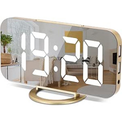 Sukeen Mirror digitālais modinātājs, LED liela displeja pulkstenis ar baltiem lieliem cipariem, 3 spilgtuma līmeņi, divi USB porti, atlikšana, 12/24 h, moderni galda pulksteņi viesistabai, guļamistaba, zelts