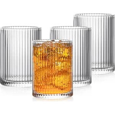 POLIDREAM Premium Drinking Glasses Set of 4, 280 ml Cocktail Glasses Set, Origami Style Long Drink Glasses, Ribbed Glasses for Iced Coffee, Beer, Water, Juice, Mojito, for Family, Camping, Party