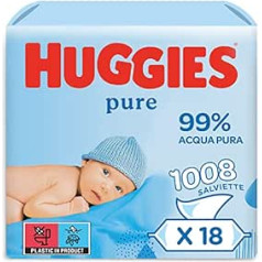 Huggies Pure, bērnu salvetes, 18 iepakojumi (kopā 1008 salvetes) — 99% tīra ūdens — bez smaržvielām maigai tīrīšanai un aizsardzībai — dabīgas mitrās salvetes