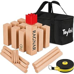 Toyfel Swedish Chess XXL - Kubb Game Made of Solid Wood Skill Game - Outdoor Game with Practical Carry Bag & Tape Measure Throwing Chess FSC Certified Wooden Game Garden - Ragnar