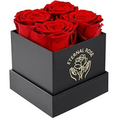 DATEFUN rožu kastīte ar konservētiem ziediem - 4 Infinity Roses Eternal Rose - mūžīgo ziedu dāvanu kastīte Dāvanas sievietēm Valentīna dienā, Mātes dienā, Ziemassvētkos, dzimšanas dienā, kāzu gadadienā (sarkanā krāsā)