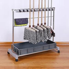 Mobile Storage Trolley, Cleaning Tool Trolley, Movable Broom Holder Organiser, Floor Standing Broom and Mop Stand Can Be Moved Cleaning Trolley Tool Rack Garage