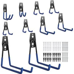 VORXEON Pack of 10 Wall Hooks, Heavy Duty Garage Hooks, Garage Hooks, Device Hooks, Double Hooks, Carbon Steel for Organising Ladder, Chair, Hose, Bicycles, Power Tools, Bulky, Blue