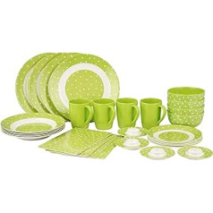 Melamīna komplekts Kempinga galda piederumi Green Dot, 28 gabali, 100% melamīns, bez BPA, kempinga trauku komplekts, 4 personas, plastmasa