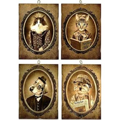 KUSTOM ART Composition of 4 pictures vintage style animal series (cats and dogs), printed on wood, 18 x 25 cm